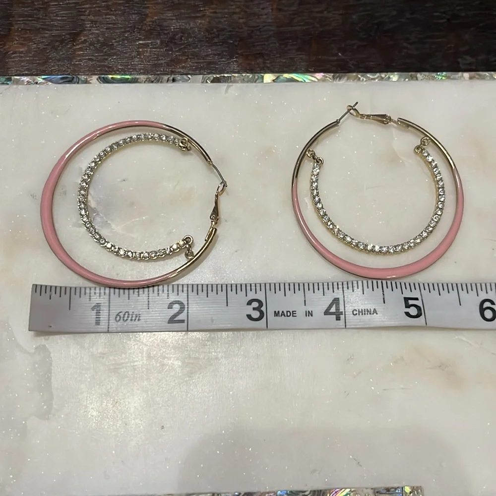 Charming Charlie Pink & Rhinestone big hoop pierced earrings